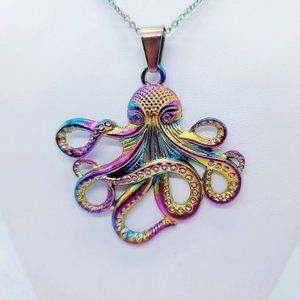 Rainbow Chromium Metal Octopus Pendant Necklace - 19" Chain - Hypoallergenic